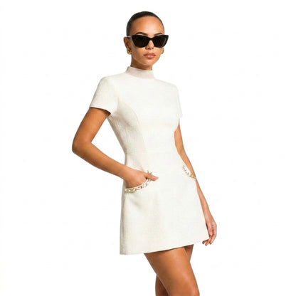 Damen-Minikleid mit kurzen Ärmeln und Perlenbesatz-Mini Dress-Alpenkind