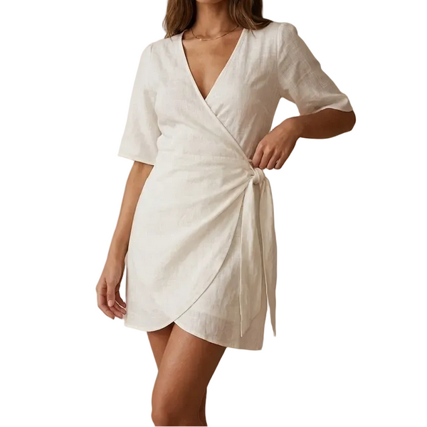 Damen Minikleid mit kurzen Ärmeln, Wickeloptik, V-Ausschnitt und seitlicher Bindung-Mini Dress-Alpenkind