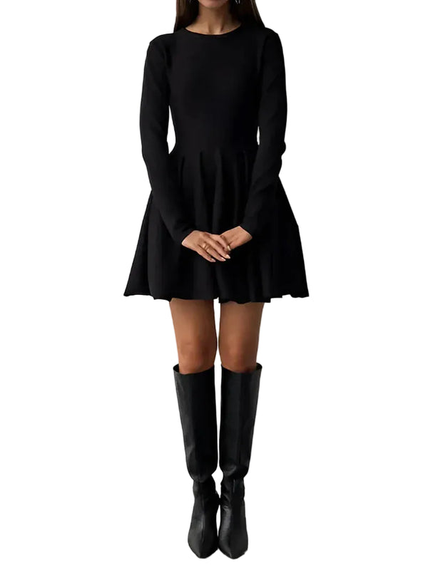 Damen Minikleid mit langen Ärmeln, Rundhalsausschnitt und ausgestelltem Rock-Mini Dress-Alpenkind