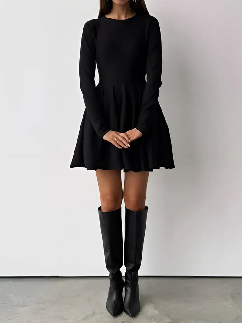 Damen Minikleid mit langen Ärmeln, Rundhalsausschnitt und ausgestelltem Rock-Mini Dress-Alpenkind