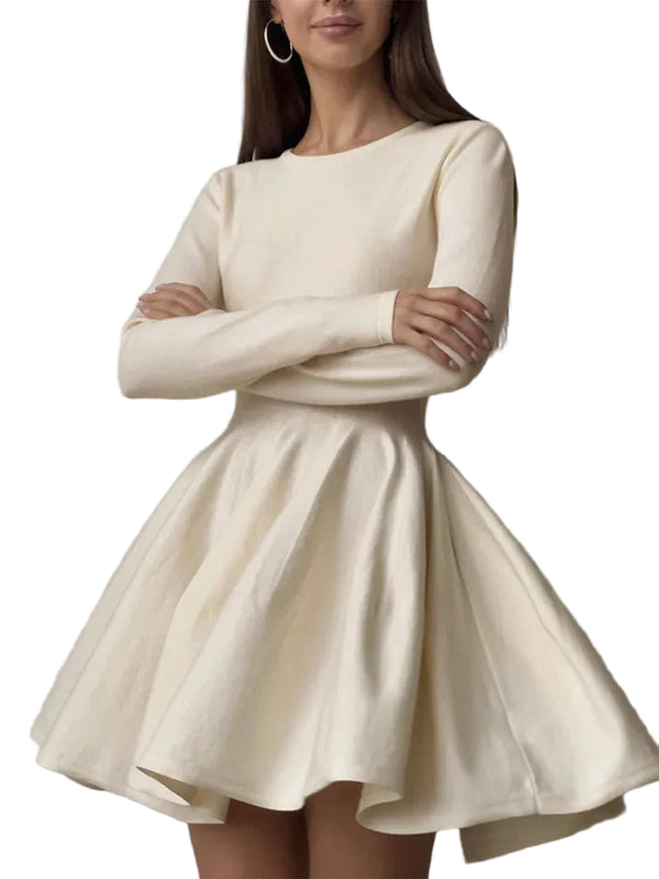 Damen Minikleid mit langen Ärmeln, Rundhalsausschnitt und ausgestelltem Rock-Mini Dress-Alpenkind