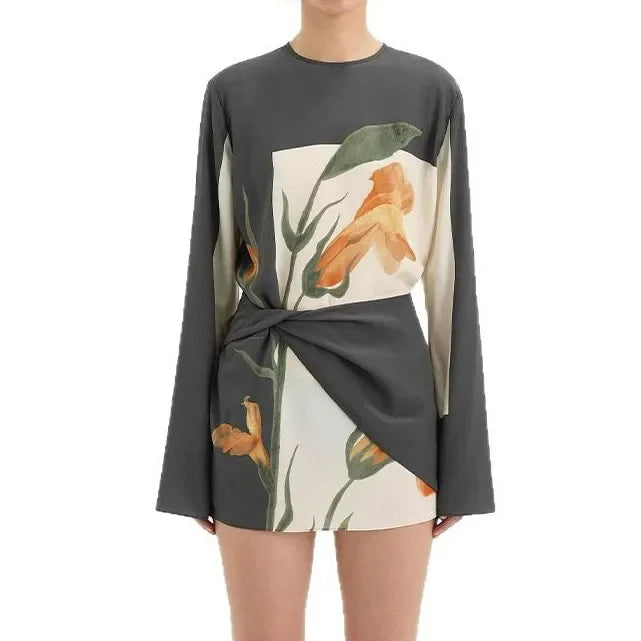 Damen Minikleid mit langen Ärmeln und floralem Druck-Mini Dress-Alpenkind