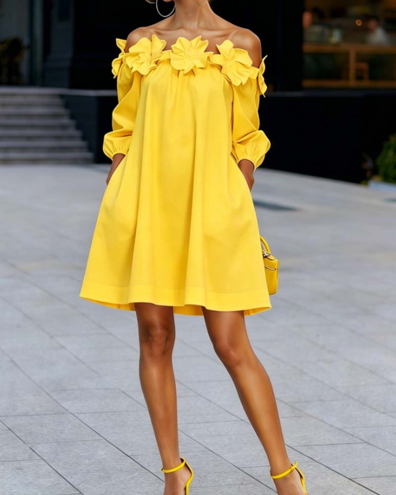 Damen-Minikleid mit schulterfreiem Ausschnitt und 3D-Blumenapplikationen-Mini Dress-Alpenkind
