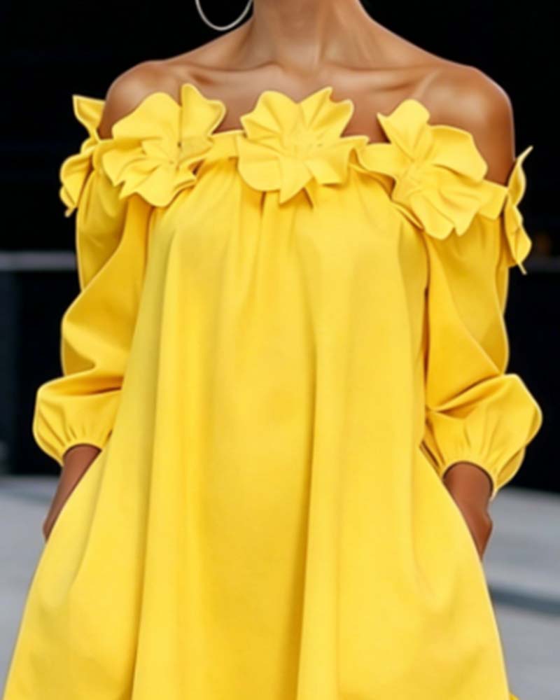 Damen-Minikleid mit schulterfreiem Ausschnitt und 3D-Blumenapplikationen-Mini Dress-Alpenkind