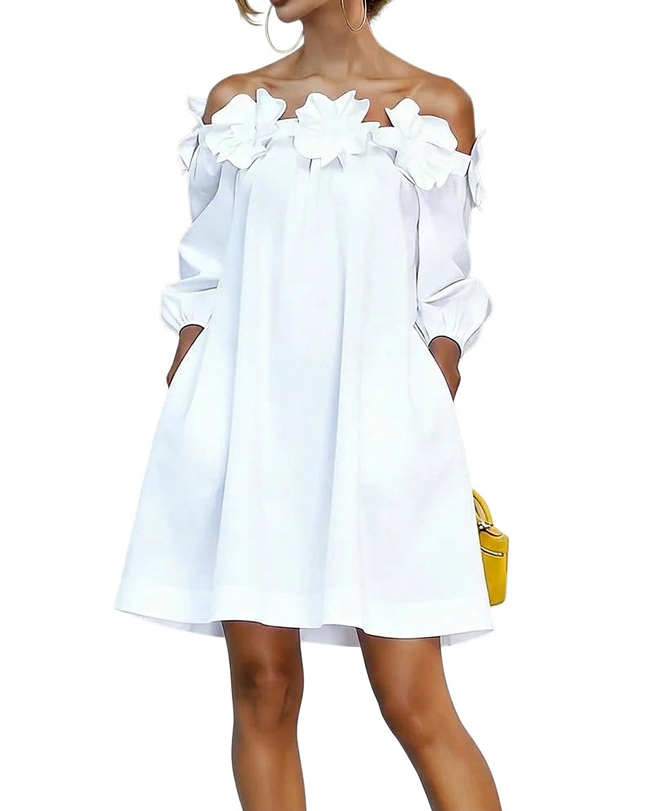 Damen-Minikleid mit schulterfreiem Ausschnitt und 3D-Blumenapplikationen-Mini Dress-Alpenkind