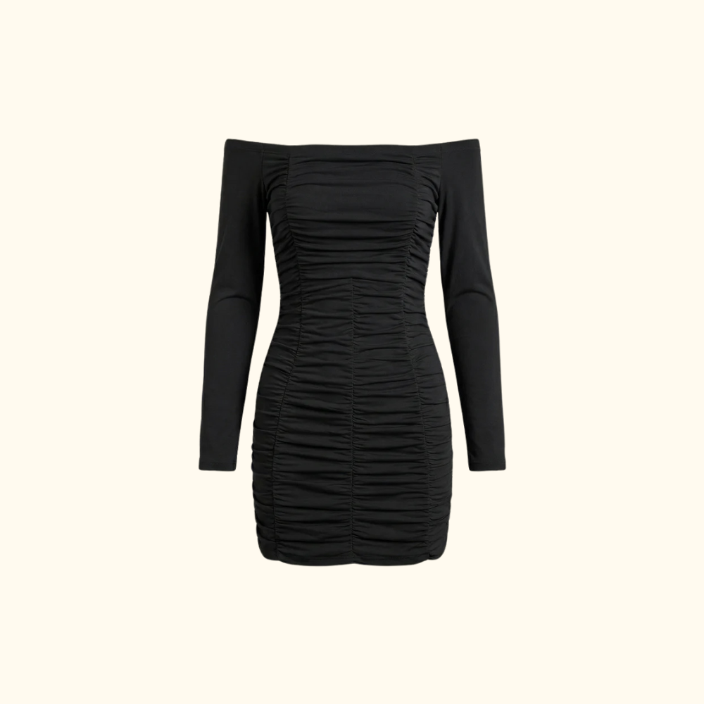 Damen-Minikleid mit schulterfreiem Ausschnitt und Raffungen-Mini Dress-Alpenkind