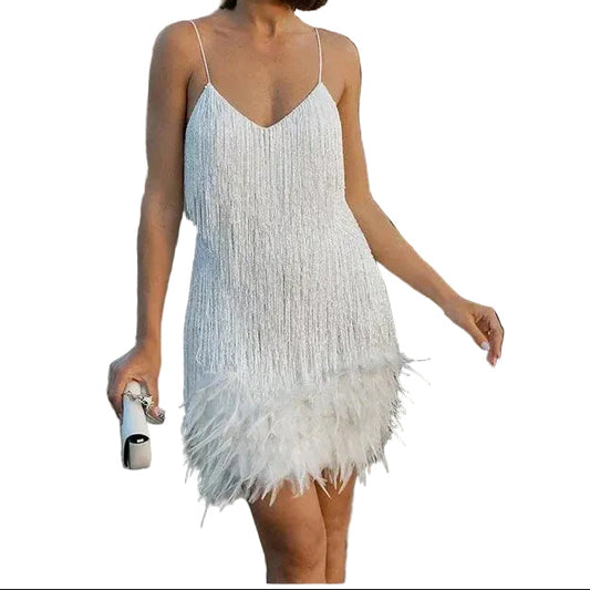 Damen Minikleid mit Spaghettiträgern, Fransenlagen und Federbesatz am Saum-Mini Dress-Alpenkind
