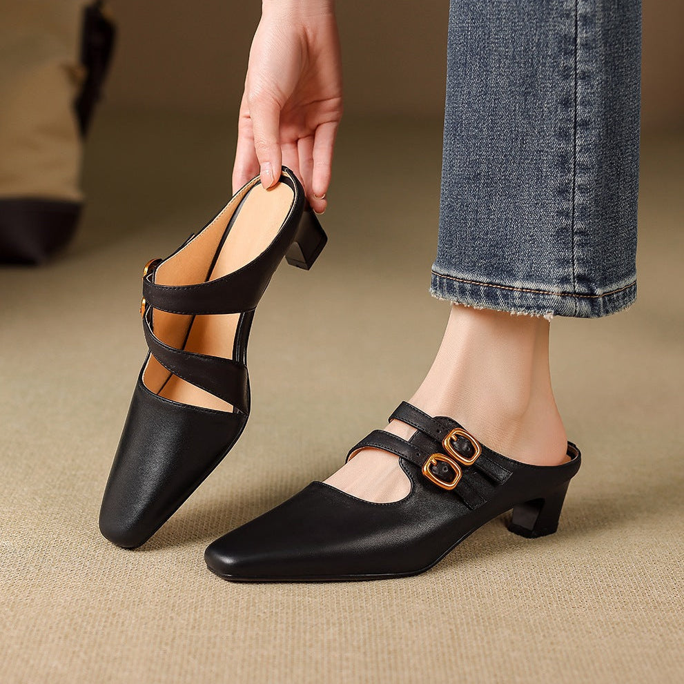 Damen-Mules mit eckiger Zehenpartie und zwei Riemen-Footwear for women-Alpenkind