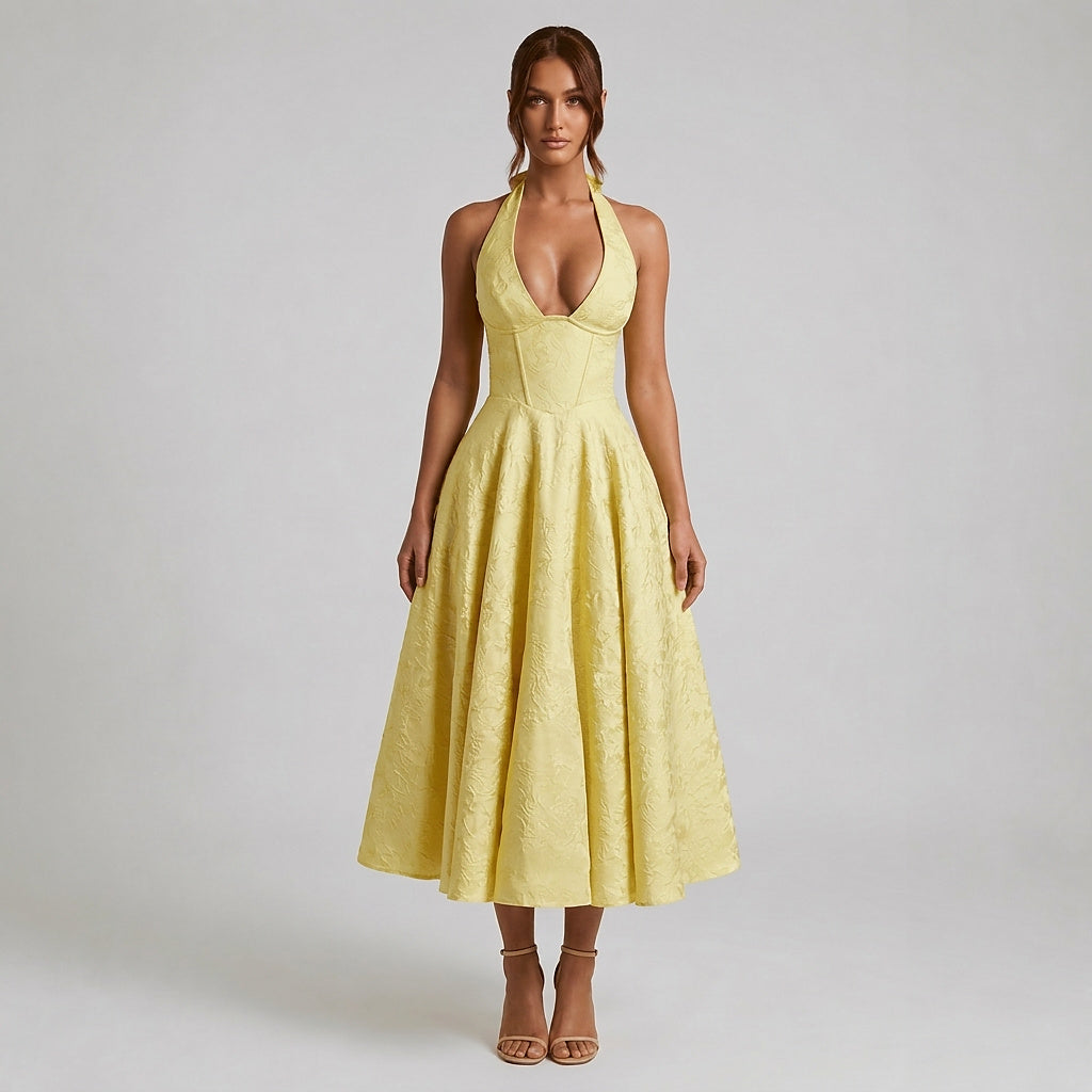 Damen Neckholderkleid mit Korsett Oberteil und Strukturmuster und Schleife am Nacken-Midi Dress-Alpenkind