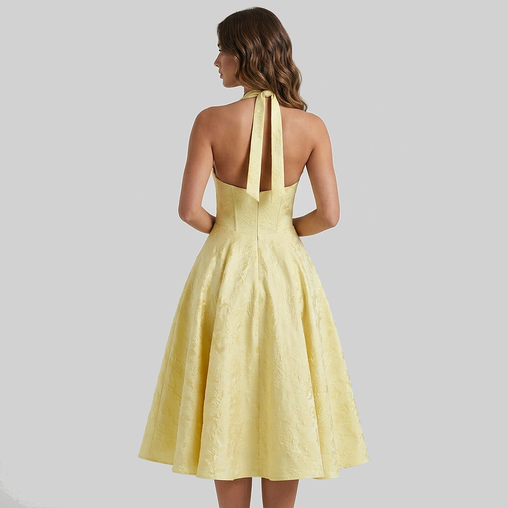 Damen Neckholderkleid mit Korsett Oberteil und Strukturmuster und Schleife am Nacken-Midi Dress-Alpenkind