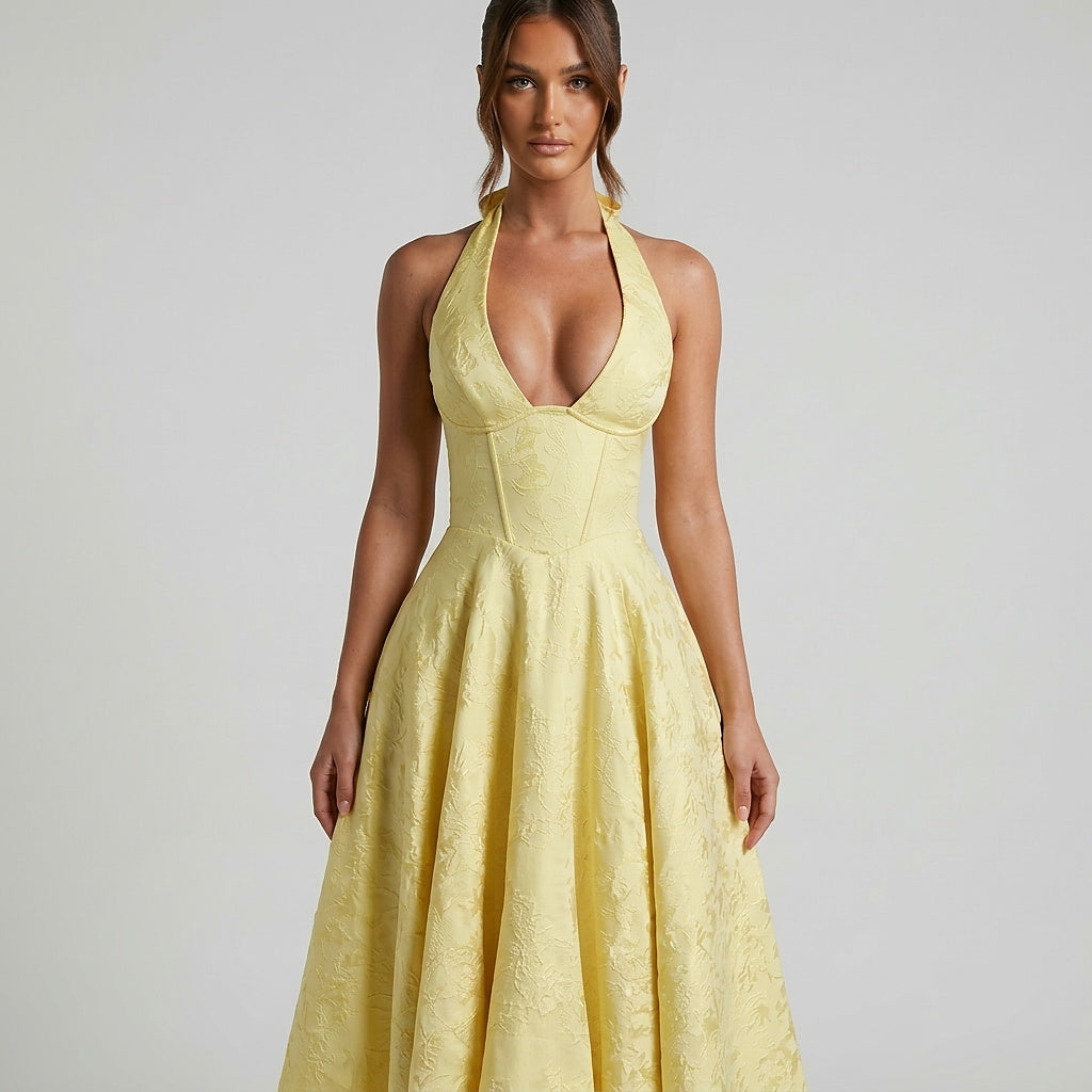 Damen Neckholderkleid mit Korsett Oberteil und Strukturmuster und Schleife am Nacken-Midi Dress-Alpenkind