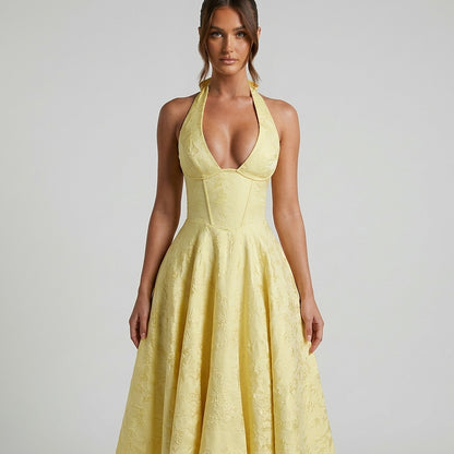 Damen Neckholderkleid mit Korsett Oberteil und Strukturmuster und Schleife am Nacken-Midi Dress-Alpenkind