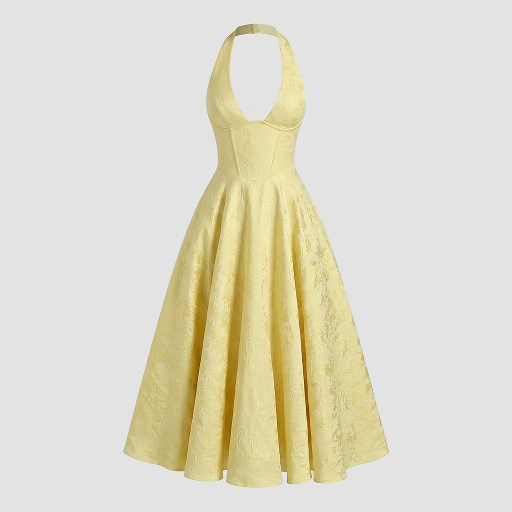 Damen Neckholderkleid mit Korsett Oberteil und Strukturmuster und Schleife am Nacken-Midi Dress-Alpenkind