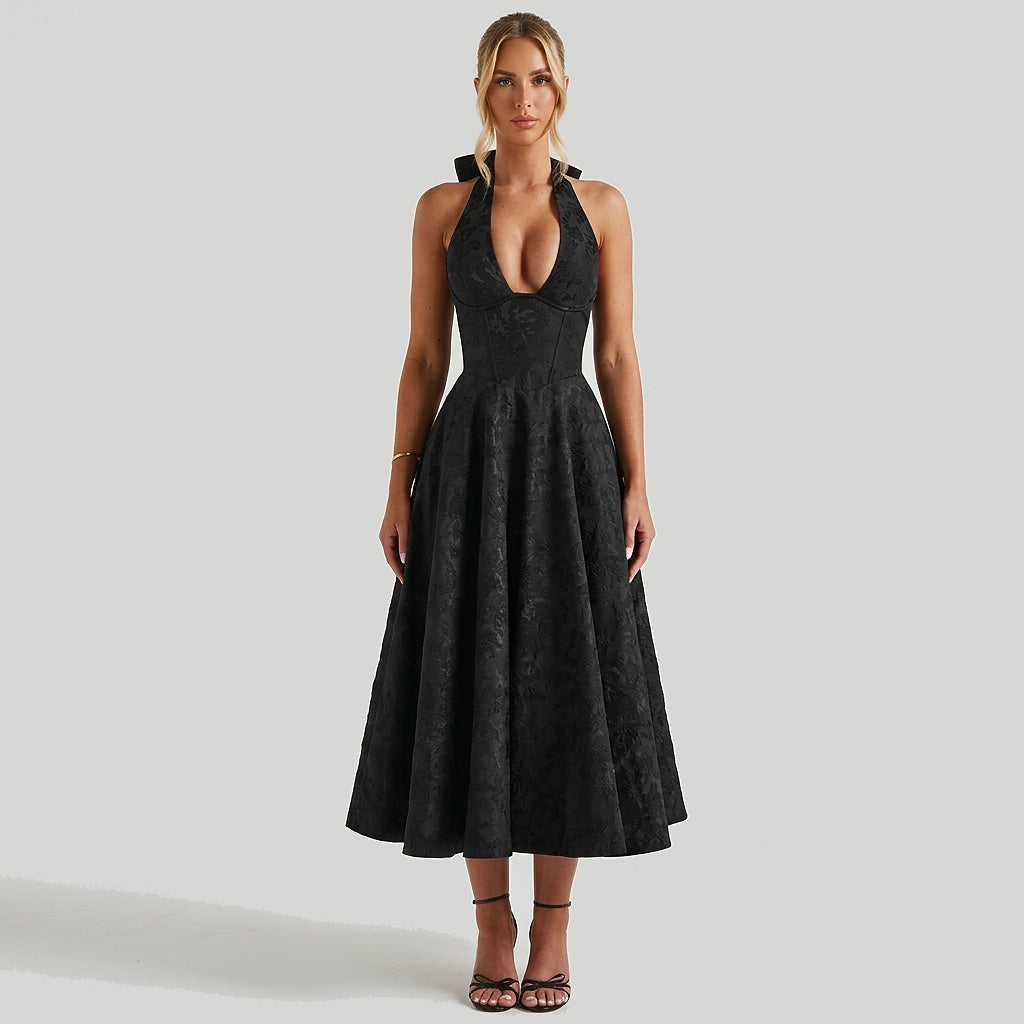 Damen Neckholderkleid mit Korsett Oberteil und Strukturmuster und Schleife am Nacken-Midi Dress-Alpenkind