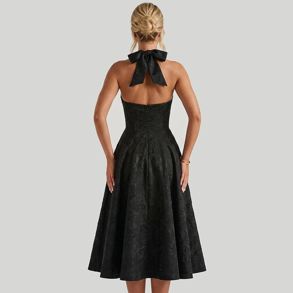 Damen Neckholderkleid mit Korsett Oberteil und Strukturmuster und Schleife am Nacken-Midi Dress-Alpenkind
