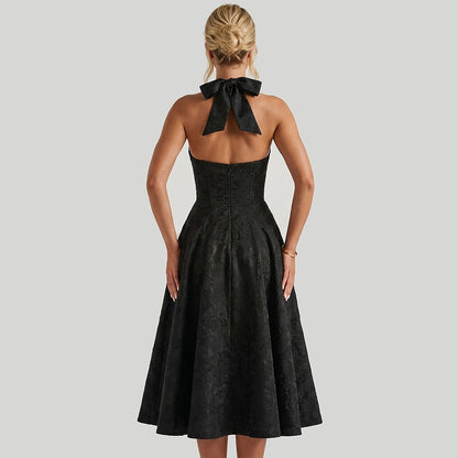 Damen Neckholderkleid mit Korsett Oberteil und Strukturmuster und Schleife am Nacken-Midi Dress-Alpenkind