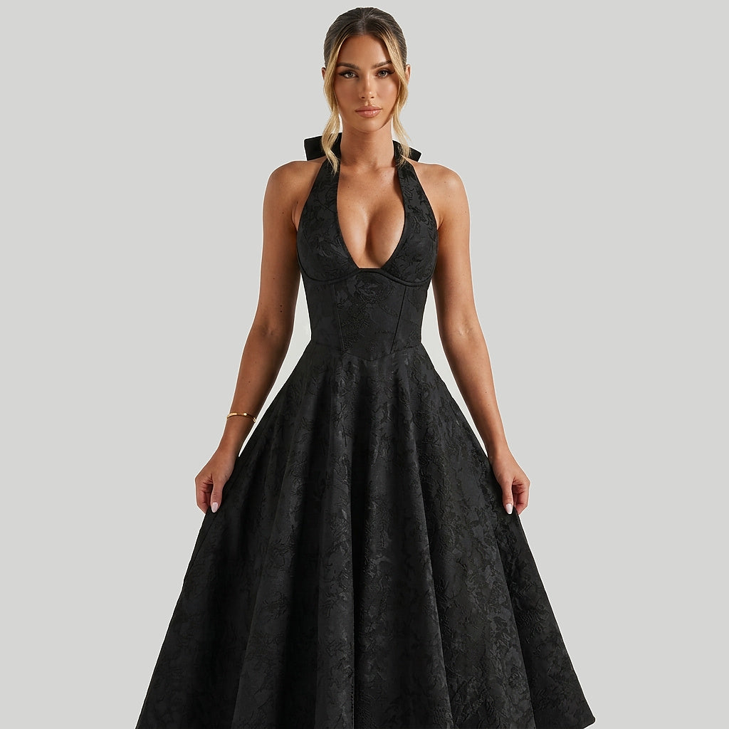 Damen Neckholderkleid mit Korsett Oberteil und Strukturmuster und Schleife am Nacken-Midi Dress-Alpenkind