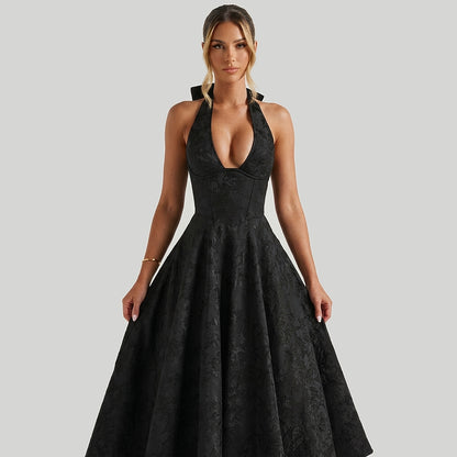 Damen Neckholderkleid mit Korsett Oberteil und Strukturmuster und Schleife am Nacken-Midi Dress-Alpenkind