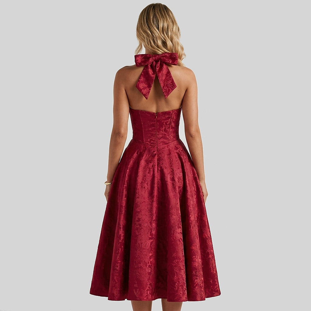 Damen Neckholderkleid mit Korsett Oberteil und Strukturmuster und Schleife am Nacken-Midi Dress-Alpenkind