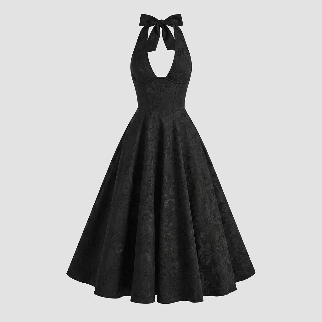 Damen Neckholderkleid mit Korsett Oberteil und Strukturmuster und Schleife am Nacken-Midi Dress-Alpenkind