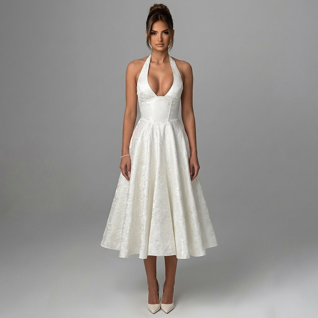 Damen Neckholderkleid mit Korsett Oberteil und Strukturmuster und Schleife am Nacken-Midi Dress-Alpenkind