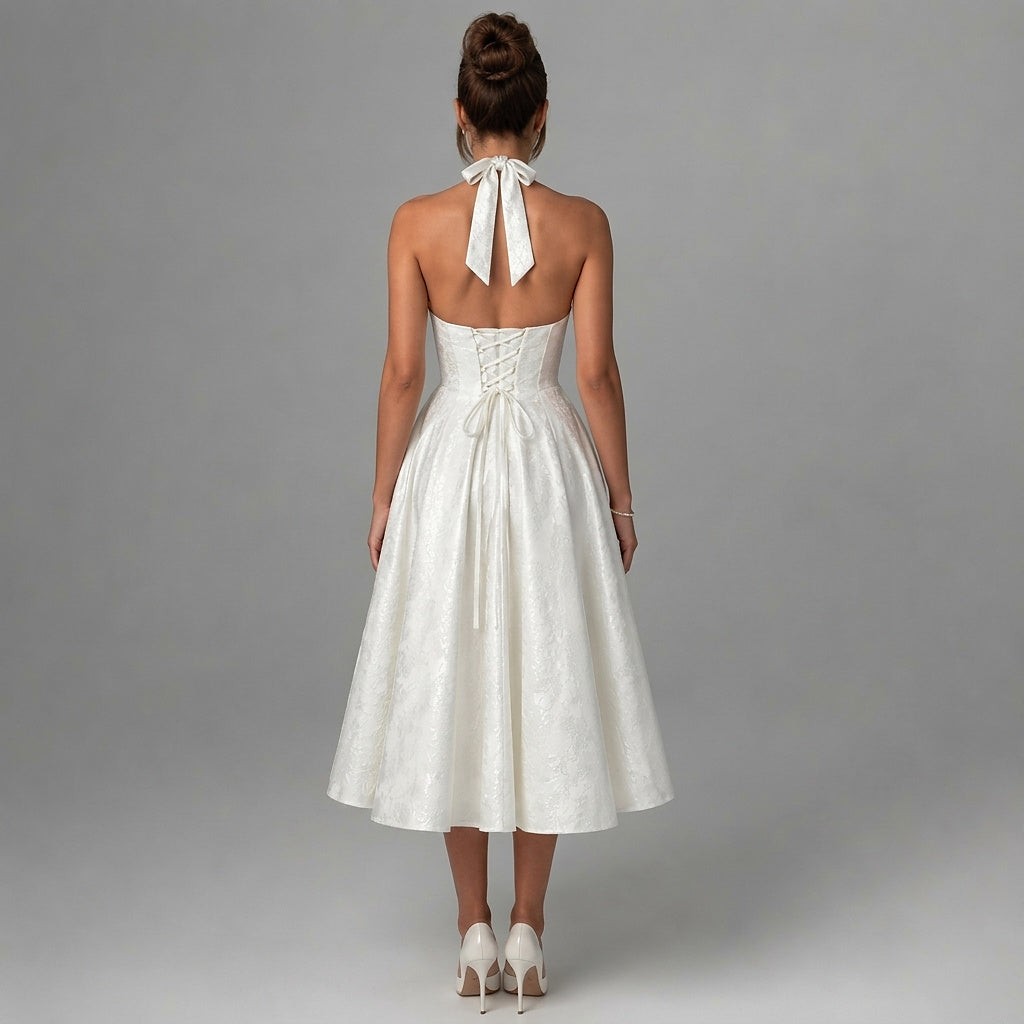 Damen Neckholderkleid mit Korsett Oberteil und Strukturmuster und Schleife am Nacken-Midi Dress-Alpenkind
