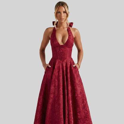 Damen Neckholderkleid mit Korsett Oberteil und Strukturmuster und Schleife am Nacken-Midi Dress-Alpenkind