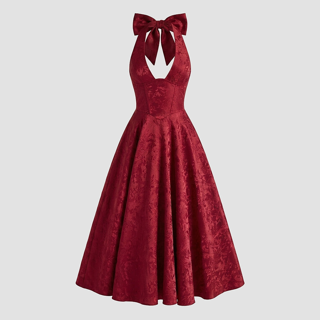 Damen Neckholderkleid mit Korsett Oberteil und Strukturmuster und Schleife am Nacken-Midi Dress-Alpenkind