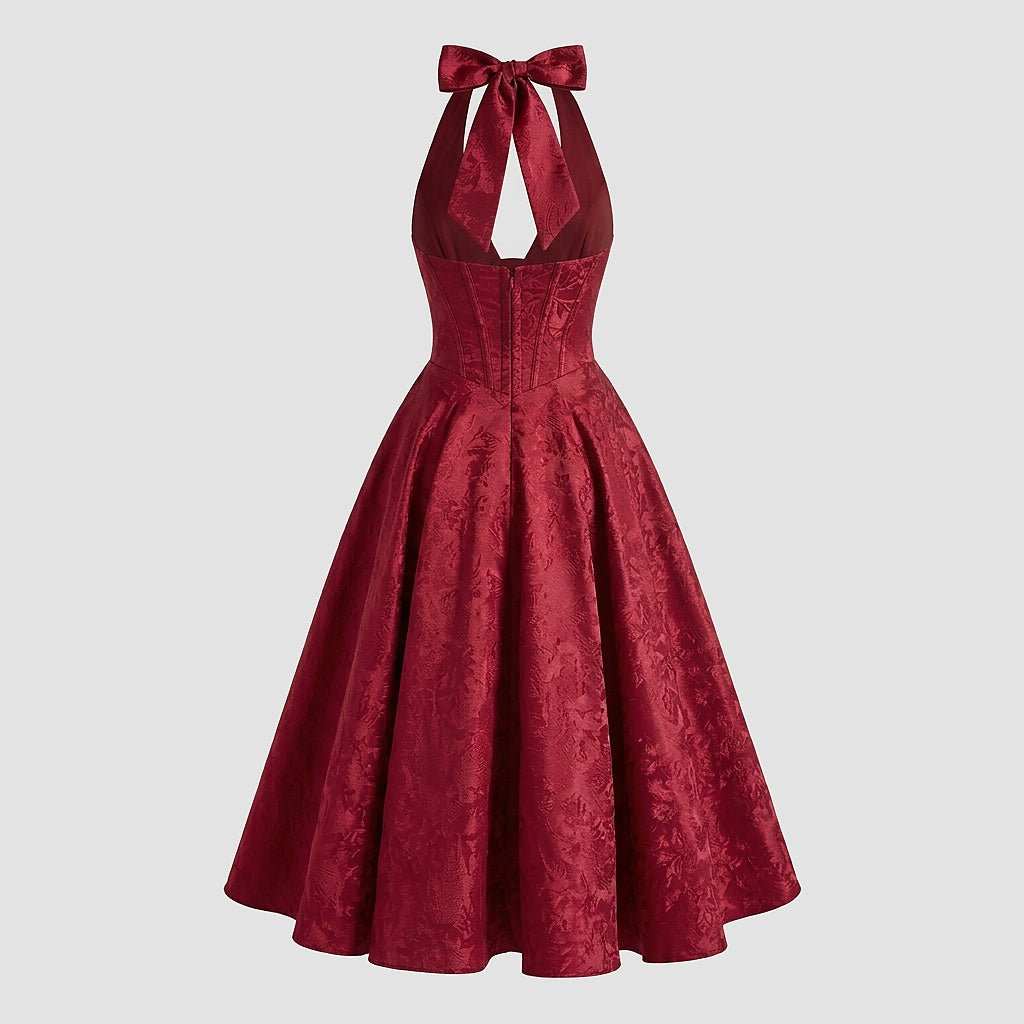 Damen Neckholderkleid mit Korsett Oberteil und Strukturmuster und Schleife am Nacken-Midi Dress-Alpenkind