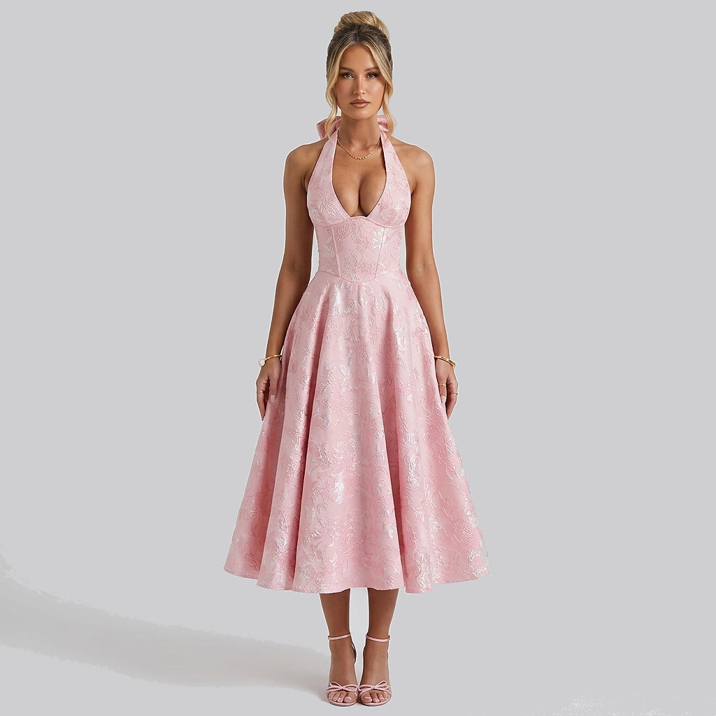 Damen Neckholderkleid mit Korsett Oberteil und Strukturmuster und Schleife am Nacken-Midi Dress-Alpenkind