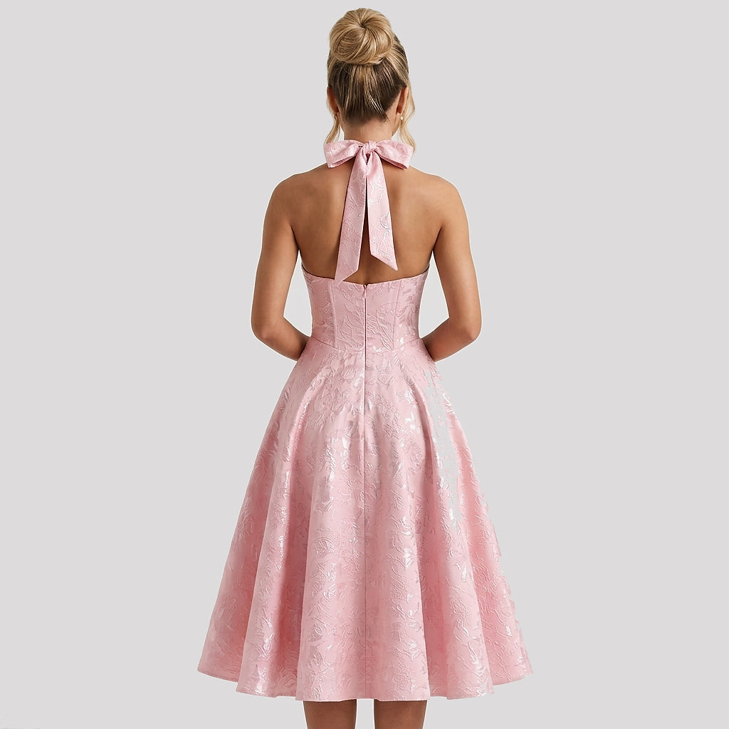 Damen Neckholderkleid mit Korsett Oberteil und Strukturmuster und Schleife am Nacken-Midi Dress-Alpenkind