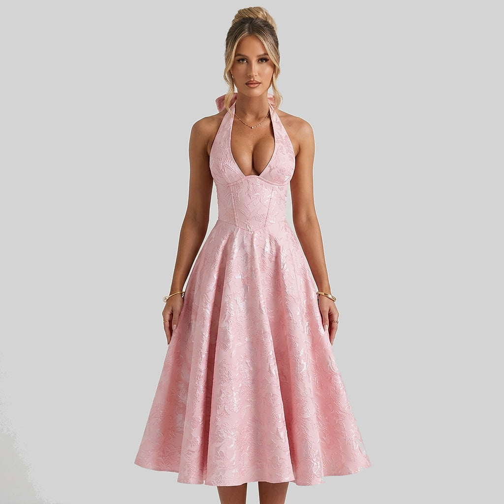 Damen Neckholderkleid mit Korsett Oberteil und Strukturmuster und Schleife am Nacken-Midi Dress-Alpenkind