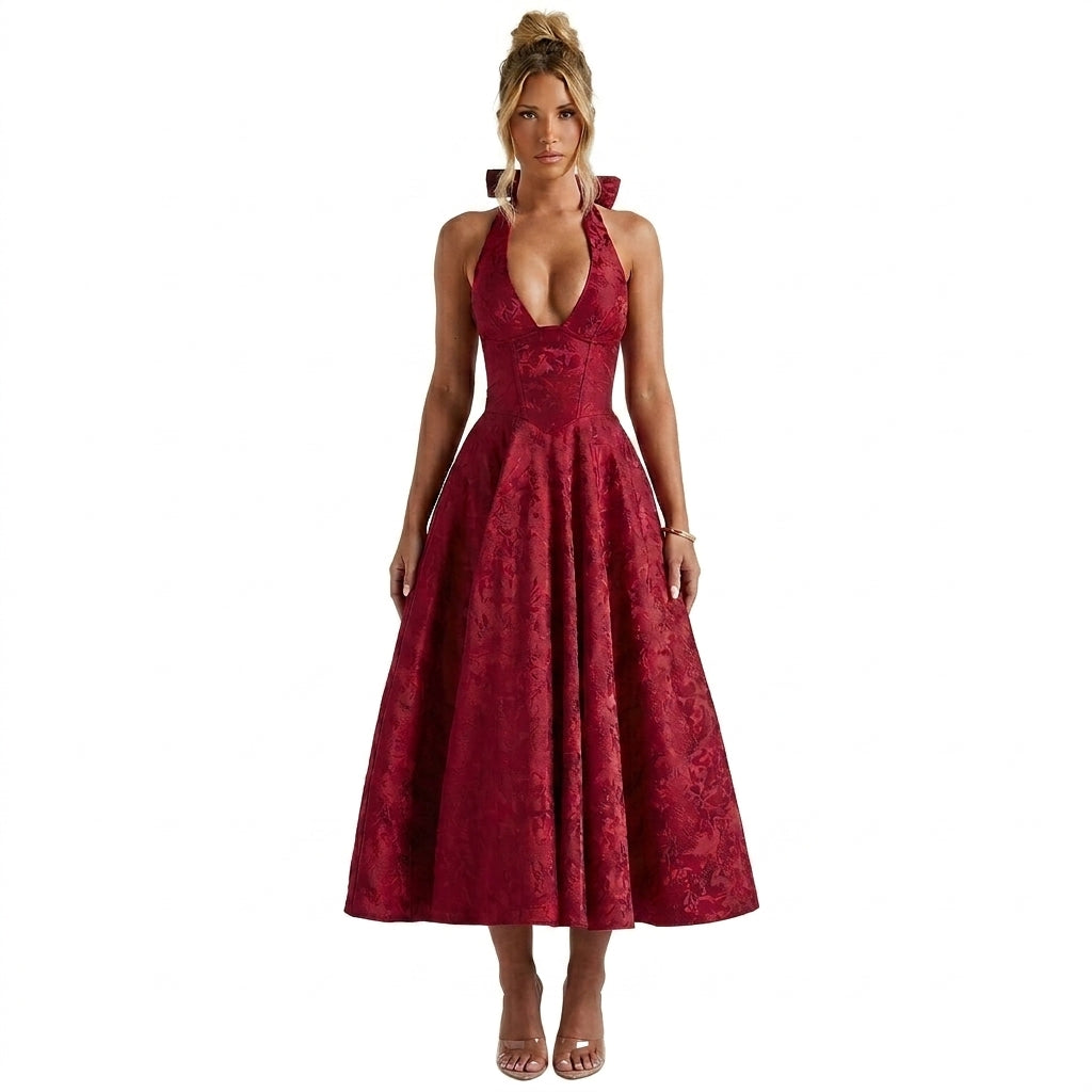 Damen Neckholderkleid mit Korsett Oberteil und Strukturmuster und Schleife am Nacken-Midi Dress-Alpenkind