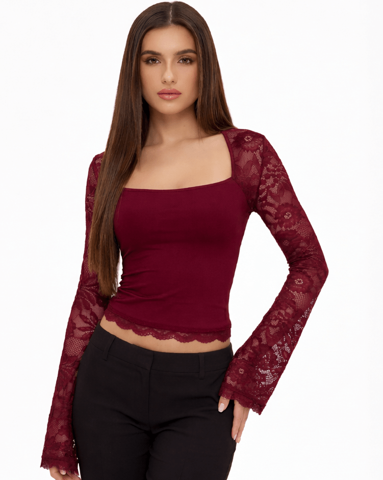 Damen-Oberteil mit Karree-Ausschnitt und Spitzenärmeln-Tops for women-Alpenkind