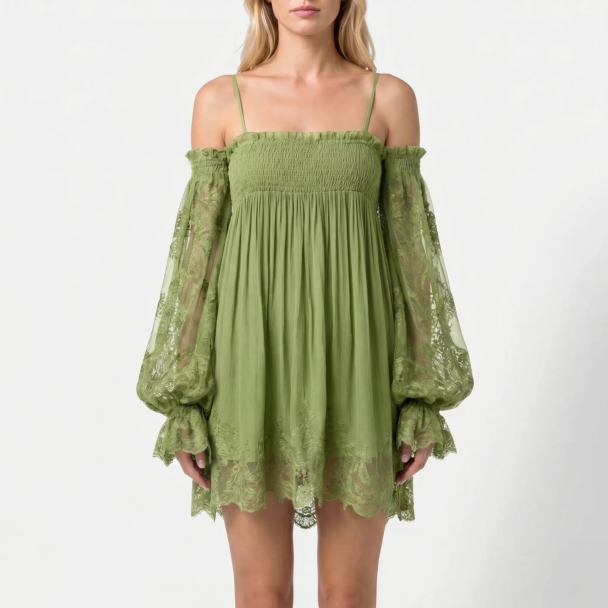 Damen Off-Shoulder Minikleid mit Spitzenärmeln-Mini Dress-Alpenkind