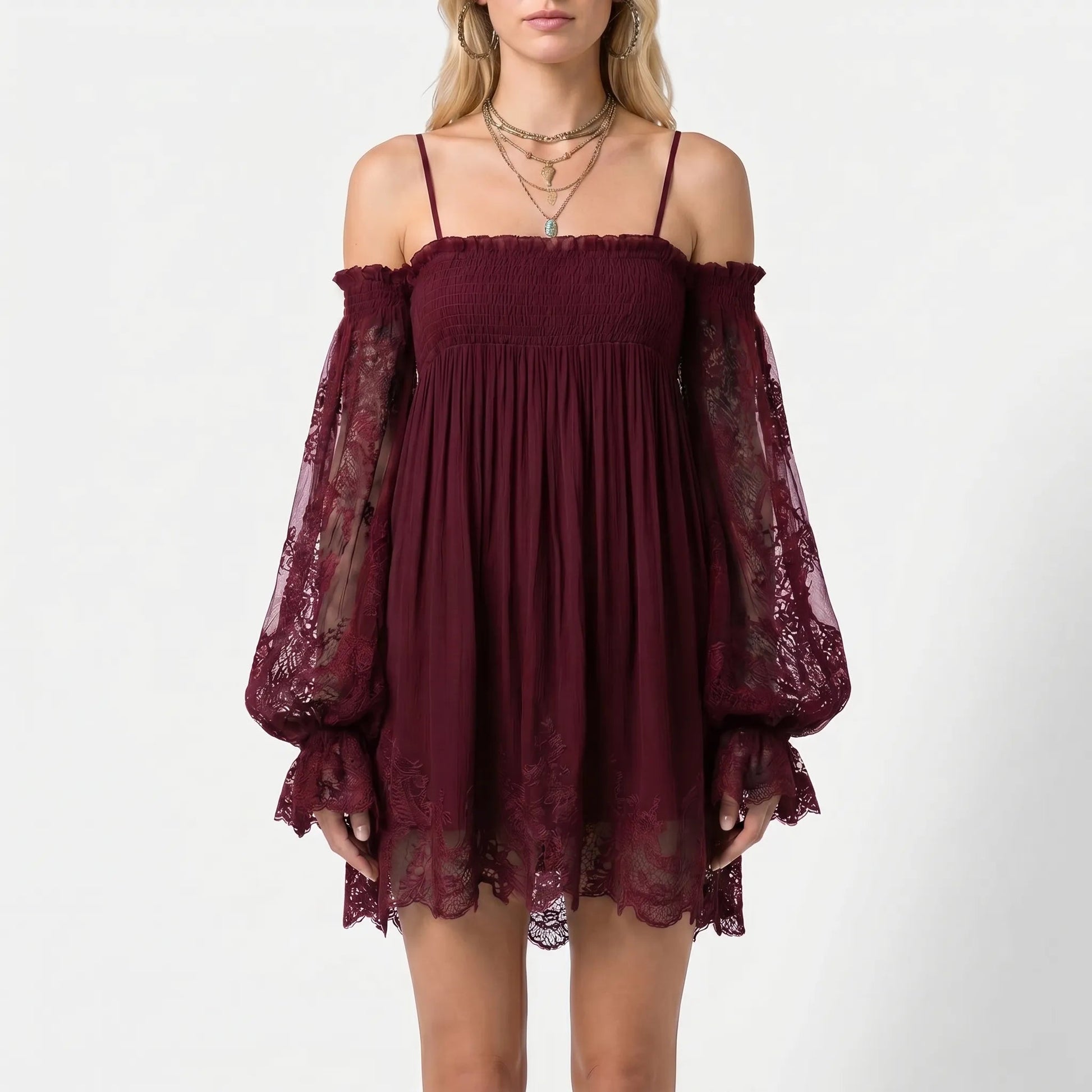 Damen Off-Shoulder Minikleid mit Spitzenärmeln-Mini Dress-Alpenkind