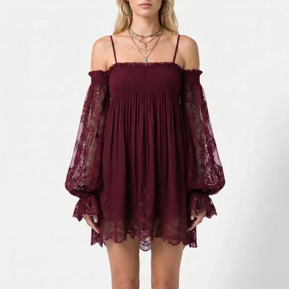 Damen Off-Shoulder Minikleid mit Spitzenärmeln-Mini Dress-Alpenkind