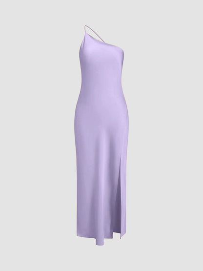 Damen One-Shoulder Satin-Maxikleid mit Schlitz-Maxi Dress-Alpenkind