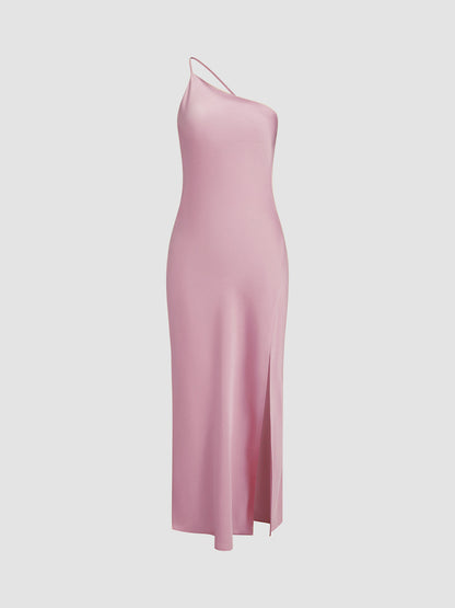 Damen One-Shoulder Satin-Maxikleid mit Schlitz-Maxi Dress-Alpenkind