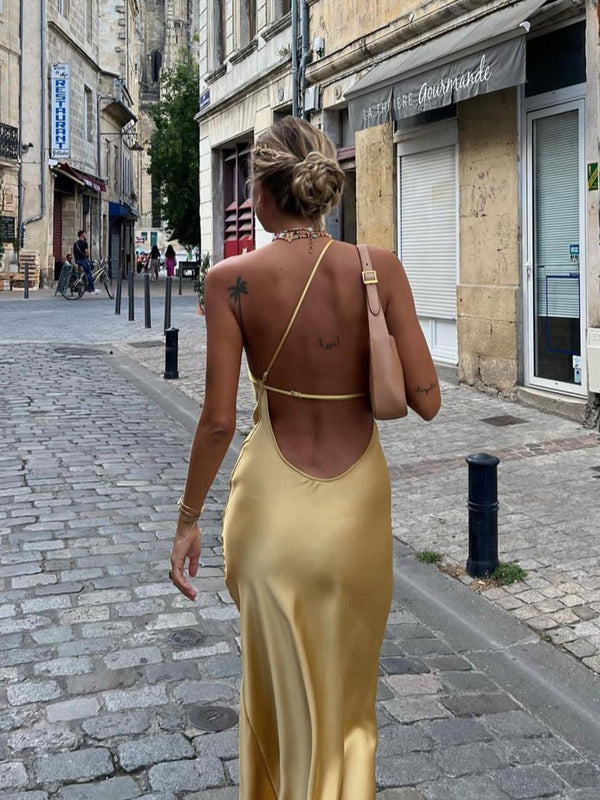 Damen One-Shoulder Satin-Maxikleid mit Schlitz-Maxi Dress-Alpenkind