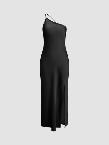 Damen One-Shoulder Satin-Maxikleid mit Schlitz-Maxi Dress-Alpenkind