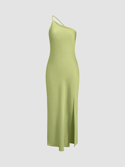 Damen One-Shoulder Satin-Maxikleid mit Schlitz-Maxi Dress-Alpenkind