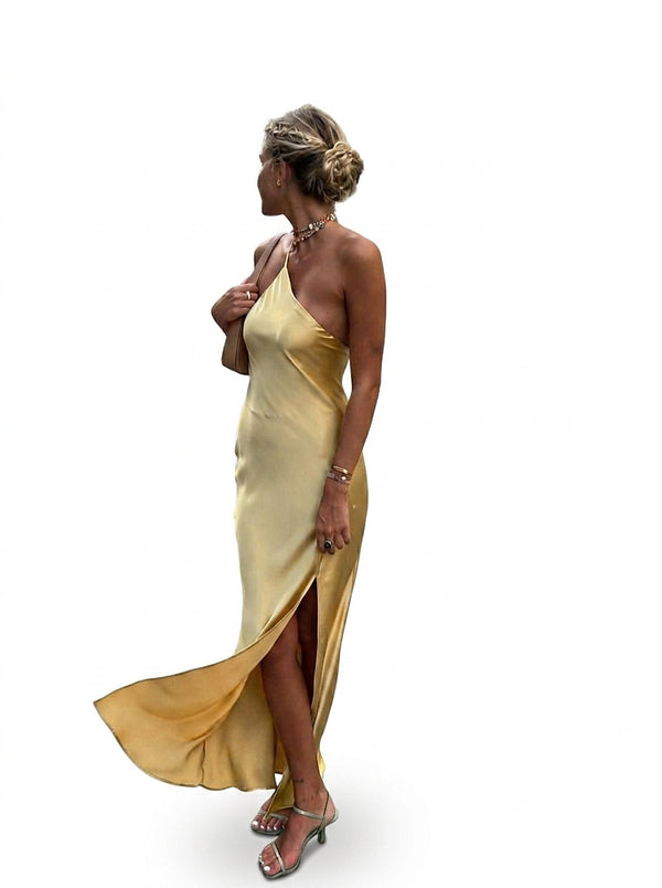 Damen One-Shoulder Satin-Maxikleid mit Schlitz-Maxi Dress-Alpenkind