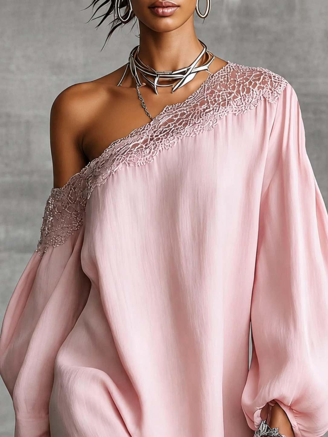Damen One-Shoulder Satin-Minikleid mit Spitzenbesatz-Mini Dress-Alpenkind