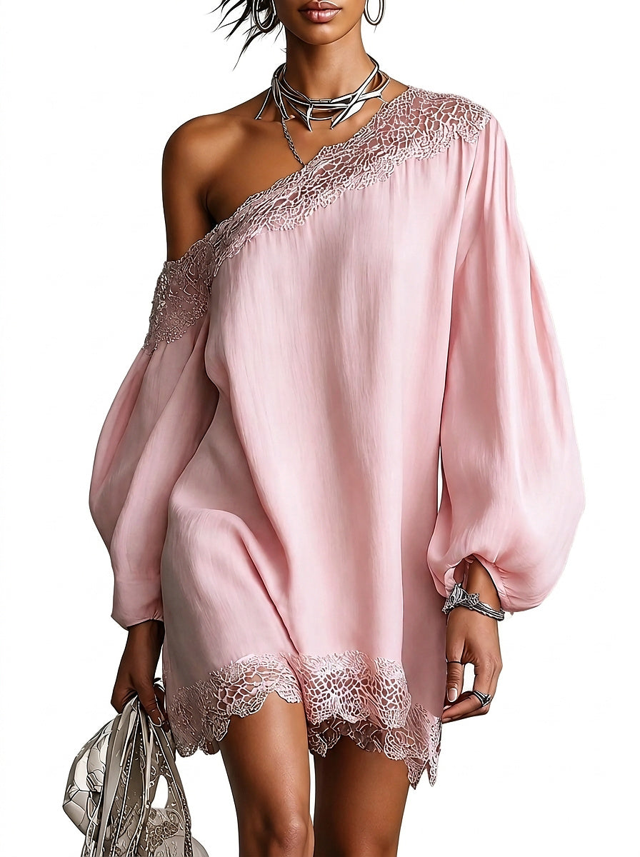 Damen One-Shoulder Satin-Minikleid mit Spitzenbesatz-Mini Dress-Alpenkind