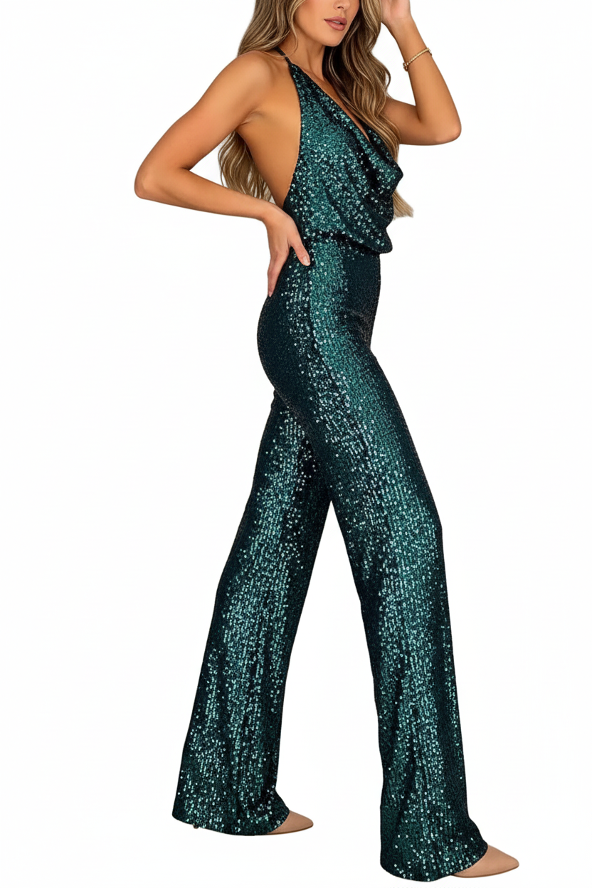Damen Pailletten Jumpsuit mit Neckholder-Jumpsuits for women-Alpenkind