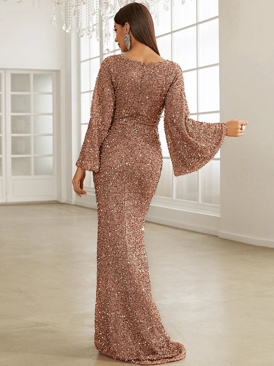 Damen Pailletten-Maxikleid mit V-Ausschnitt und Ausgestellten Ärmeln-Maxi Dress-Alpenkind
