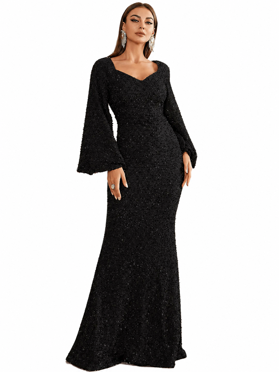 Damen Pailletten-Maxikleid mit V-Ausschnitt und Ausgestellten Ärmeln-Maxi Dress-Alpenkind
