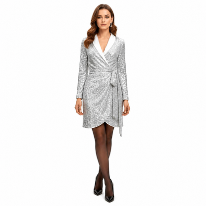 Damen Pailletten Wickelkleid Mini mit Schalkragen und Bindegürtel-Mini Dress-Alpenkind