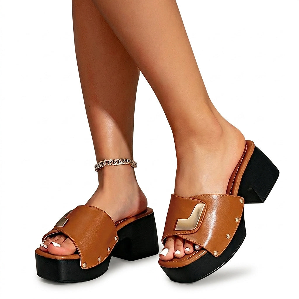 Damen-Plateau-Mules mit Blockabsatz und Metallic-Detail-Footwear for women-Alpenkind